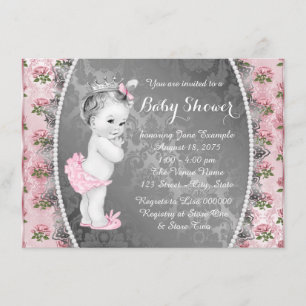 Pretty Pink Rose Pink and Grey Baby Shower Invitation