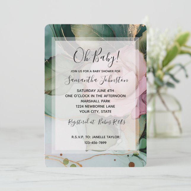 Pretty Pink Rose White Gold Floral Baby Shower Invitation (Standing Front)