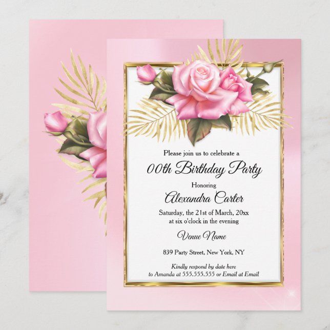 Pretty Pink Rose White Gold Floral Birthday Party Invitation (Front/Back)