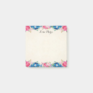 Pretty Pink Roses And Blue Flowers Personalised Post-it Notes