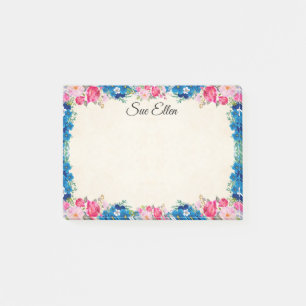 Pretty Pink Roses And Blue Flowers Personalised Post-it Notes