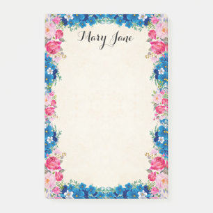 Pretty Pink Roses And Blue Flowers Personalised Post-it Notes