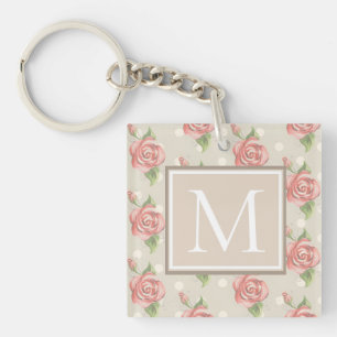 Pretty Pink Roses and Dots Monogram Key Ring