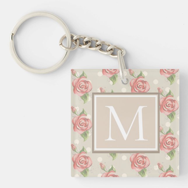 Pretty Pink Roses and Dots Monogram Key Ring (Front)