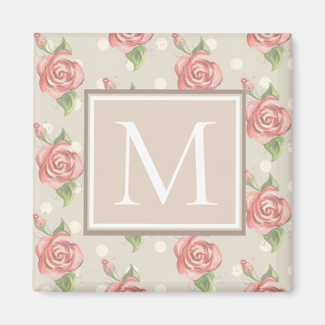 Pretty Pink Roses and Dots Monogram Magnet (Front)