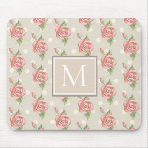 Pretty Pink Roses and Dots Monogram Mouse Mat