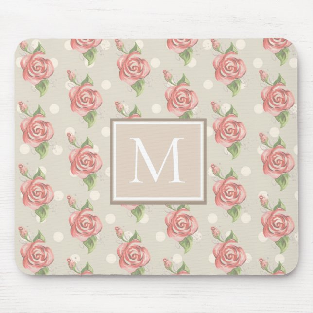 Pretty Pink Roses and Dots Monogram Mouse Mat (Front)