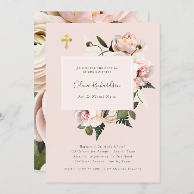 Pretty Pink Roses and Ferns with Gold | Baptism Invitation (Front/Back)