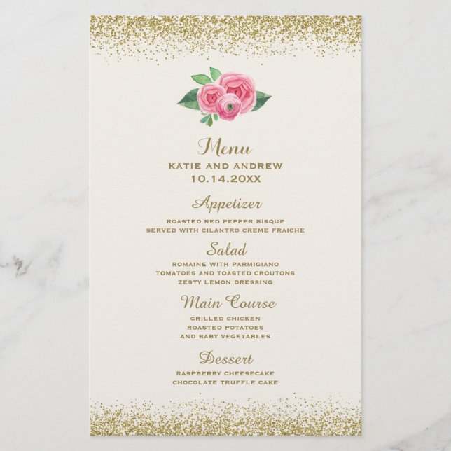 Pretty Pink Roses and Glitter Wedding Menu (Front)