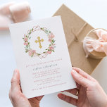 Pretty Pink Roses and Gold Cross | Floral Baptism Invitation<br><div class="desc">This beautiful baptism or christening invitation features a wreath of lovely pink watercolor roses with green leaves and faux rose gold accents,  and a faux gold cross in the centre. The back of the card is a soft pink colour with matching floral bouquets in the corners.</div>