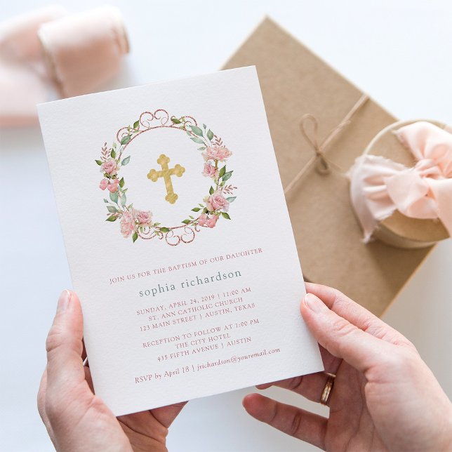 Pretty Pink Roses and Gold Cross | Floral Baptism Invitation (Creator Uploaded)