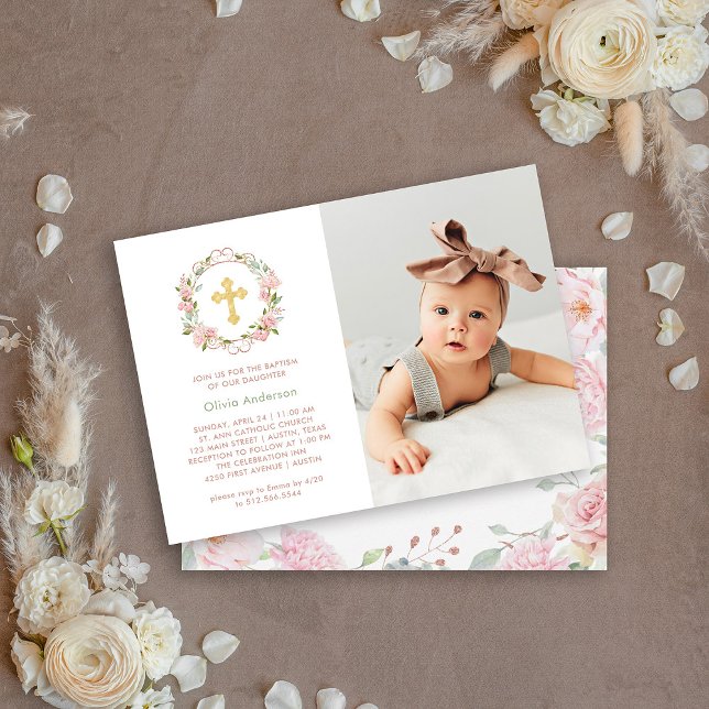 Pretty Pink Roses and Gold Cross | Photo Baptism Invitation (Creator Uploaded)