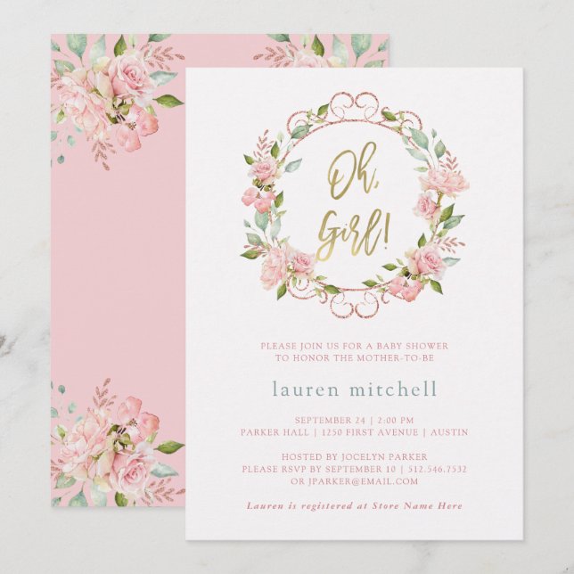 Pretty Pink Roses and Gold Script | Baby Shower Invitation (Front/Back)