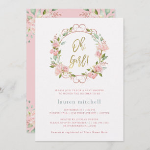 Pretty Pink Roses and Gold Script   Baby Shower Invitation