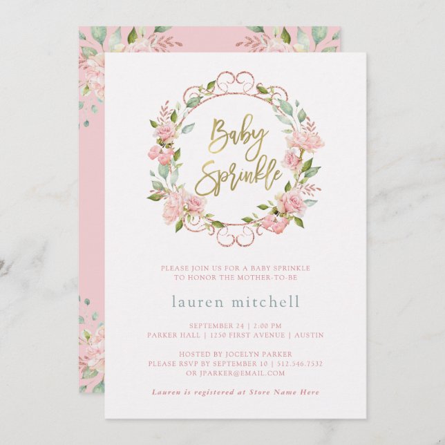 Pretty Pink Roses and Gold Script | Baby Sprinkle Invitation (Front/Back)