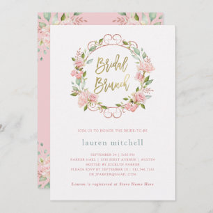 Pretty Pink Roses and Gold Script   Bridal Brunch Invitation