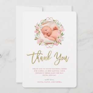 Pretty Pink Roses and Gold Script Photo Baptism Thank You Card