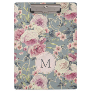 Pretty Pink Roses and Pearl Hearts Monogram Clipboard