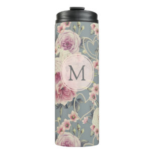 Pretty Pink Roses and Pearl Hearts Monogram Thermal Tumbler