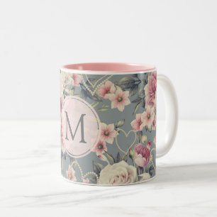 Pretty Pink Roses and Pearl Hearts Monogram Two-Tone Coffee Mug