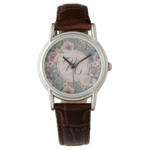 Pretty Pink Roses and Pearl Hearts Monogram Watch
