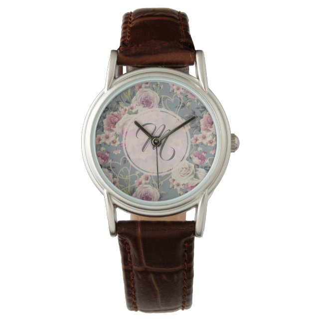 Pretty Pink Roses and Pearl Hearts Monogram Watch (Front)