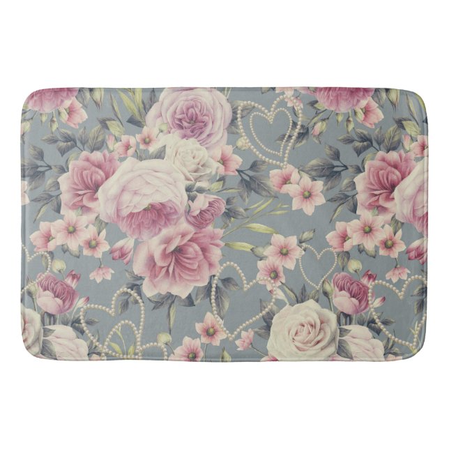 Pretty Pink Roses and Pearl Hearts Pattern Grey Bath Mat (Front)