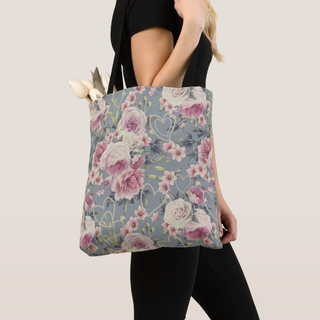Pretty Pink Roses and Pearl Hearts Pattern Grey Tote Bag (Close Up)