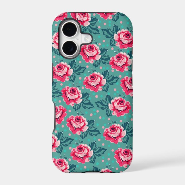 Pretty Pink Roses and Polka Dot Pattern on Teal (Back)