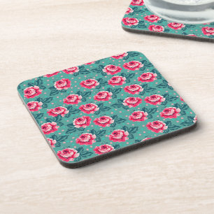 Pretty Pink Roses and Polka Dot Pattern on Teal Coaster