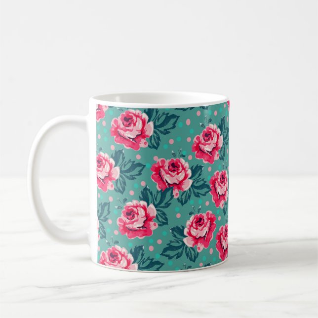 Pretty Pink Roses and Polka Dot Pattern on Teal Coffee Mug (Left)