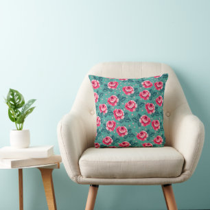 Pretty Pink Roses and Polka Dot Pattern on Teal Cushion