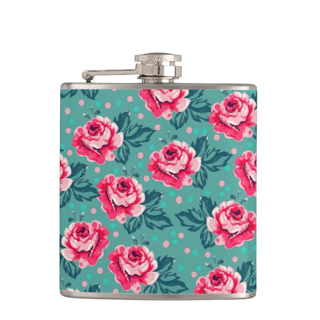 Pretty Pink Roses and Polka Dot Pattern on Teal Hip Flask (Front)