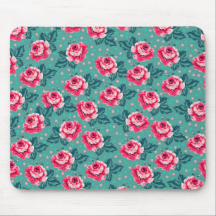 Pretty Pink Roses and Polka Dot Pattern on Teal Mouse Mat