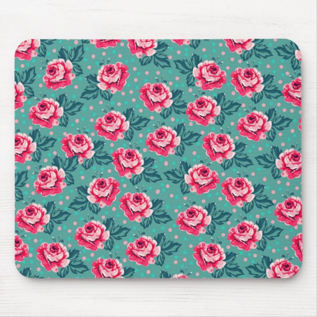 Pretty Pink Roses and Polka Dot Pattern on Teal Mouse Mat (Front)