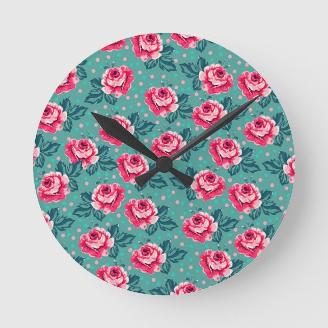 Pretty Pink Roses and Polka Dot Pattern on Teal Round Clock (Front)