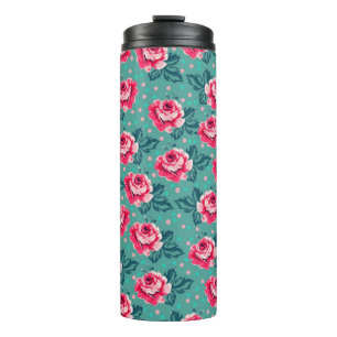 Pretty Pink Roses and Polka Dot Pattern on Teal Thermal Tumbler