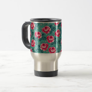 Pretty Pink Roses and Polka Dot Pattern on Teal Travel Mug