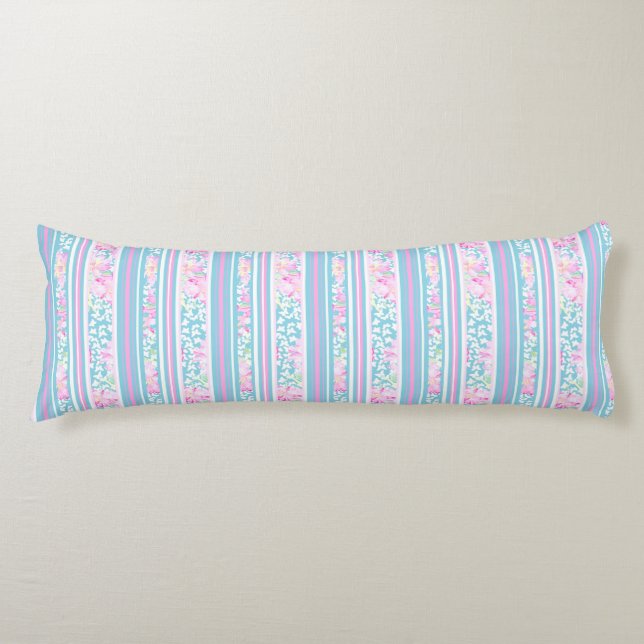 Pretty Pink Roses and Stripes Body Pillow (Front)