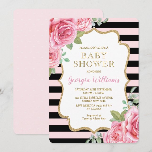 Pretty Pink Roses Baby Shower Paris Stripes Invitation (Front/Back)