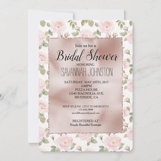 Pretty Pink Roses Blush Pink Glam Bridal Shower Invitation (Front)