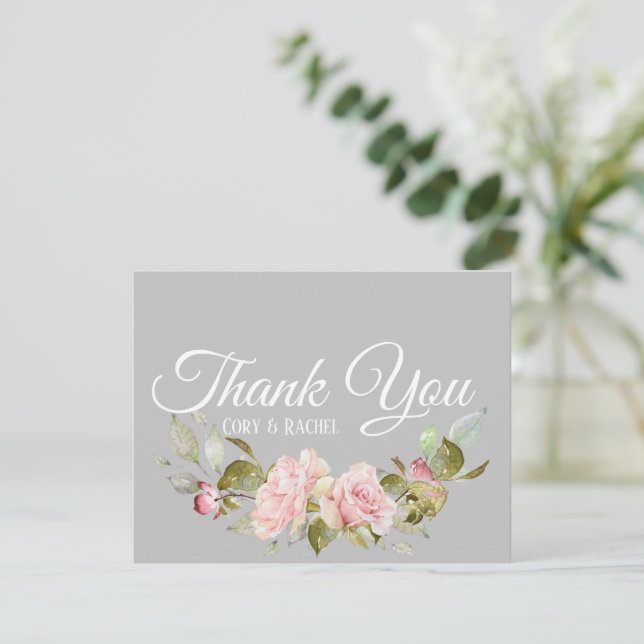 Pretty Pink Roses Bouquet on Grey Thank You (Standing Front)