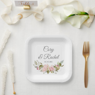 Pretty Pink Roses Bouquet Wedding Paper Plate