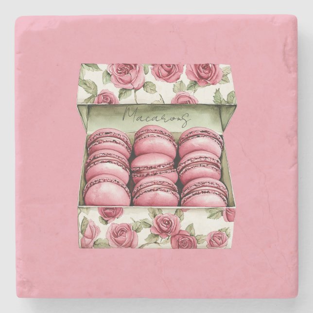 Pretty Pink Roses Box of Macarons Stone Coaster (Front)