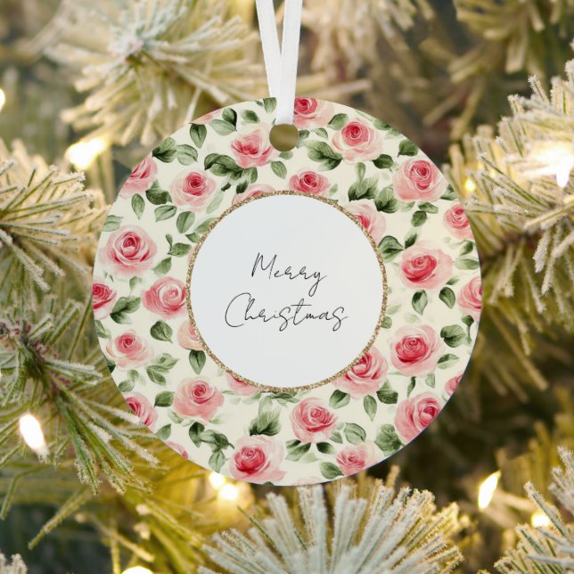 Pretty Pink Roses Christmas Metal Tree Decoration (Insitu)