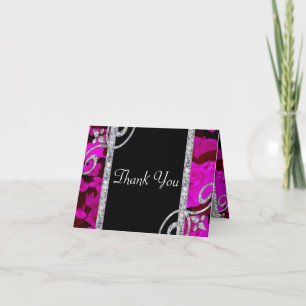 Pretty Pink Roses & Diamond Swirls Wedding Thank You Card