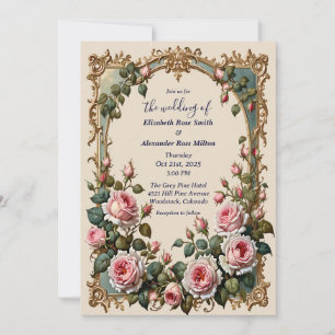 Pretty pink roses elegant art frame wedding invitation