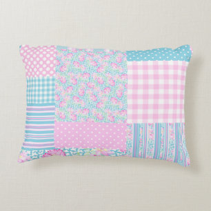 Pretty Pink Roses Faux Patchwork Accent Pillow