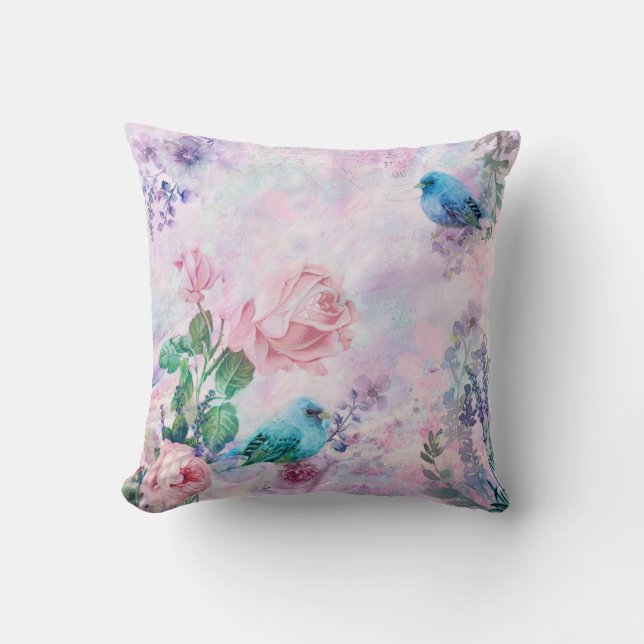 Pretty Pink Roses Floral Birds on Lavender Pastel Cushion (Front)