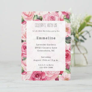 Pretty Pink Roses Floral Birthday Invitation
